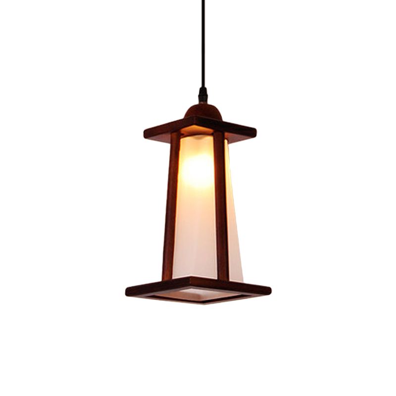 Brown Trapezoid Hanging Pendant Light Vintage White Glass 1-Light Kitchen Suspension Lamp with Wood Frame