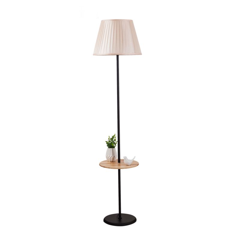 Nordic Style Iron Floor Lamp Cloth Shade Bulb Floor Light with Wooden Table for Bedroom