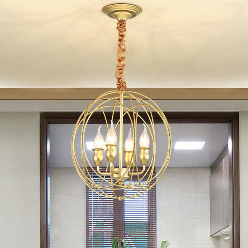 Globe Cage Metal Candle Chandelier Industrial 5 Bulb Dining Room Pendant Chandelier in Gold