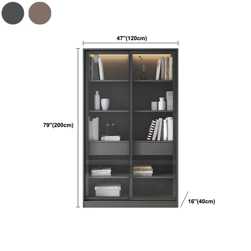 Faux Wood Modern Storage Cabinet Glass Sliding Doors Display Cabinet for Living Room