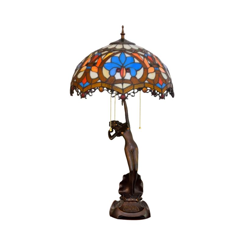 Resina Caffè Pullo-Chain Night Stand Light Lady Statue Lampada da tavolo Tiffany con pappagallo blu-marrone/trellis Giallo-nero in vetro bianco