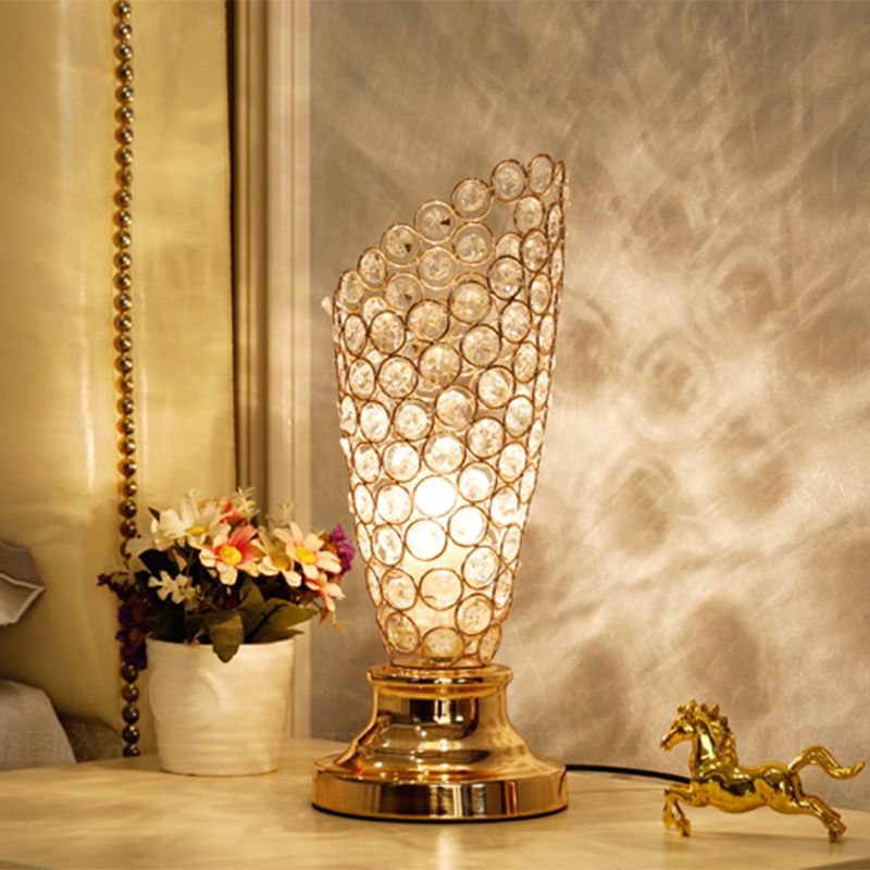 Modernism 1 Bulb Table Light with Crystal-Encrusted Shade Gold Tapered/Cylinder Reading Lamp