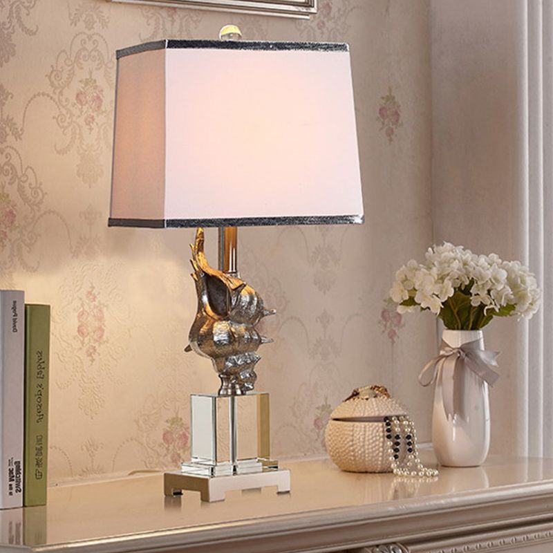 Silver/White Conch Shell Night Light Countryside Resin 1 Head Dining Table Lamp with Square Pleated Fabric Shade