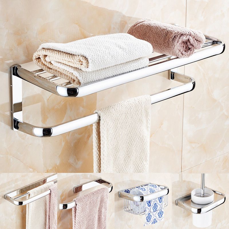 Contemporary Silver Bathroom Set with Bath Shelf and Towel Bar