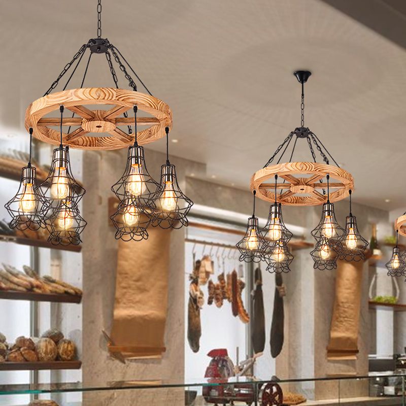 Wagon Wheel Wood Suspension Light Warehouse a 6/8 luci di pranzo il lampadario del soffitto con gabbia di filo