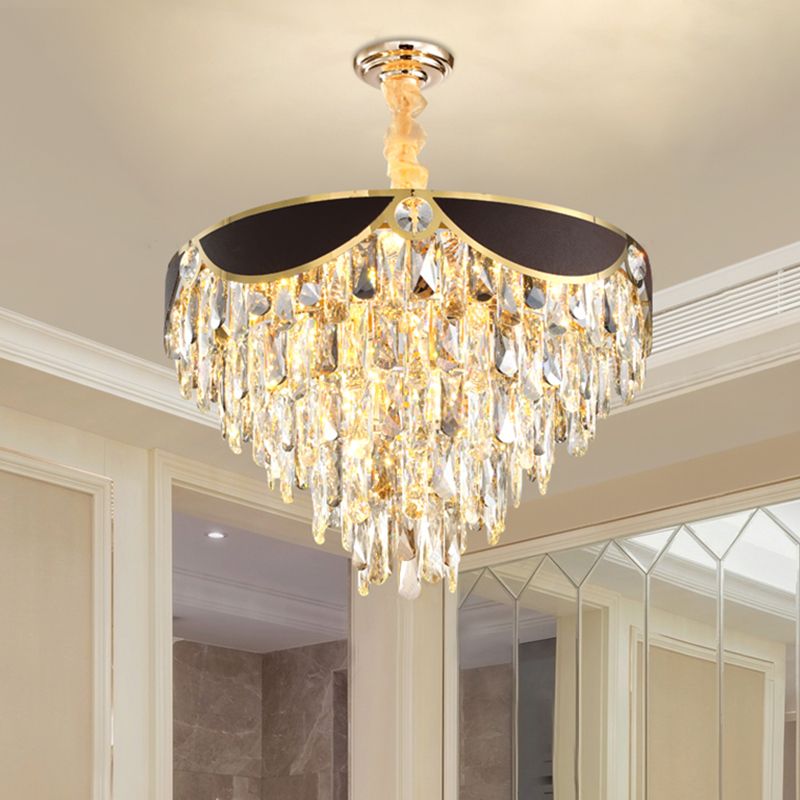 6 Heads Dining Room Pendant Chandelier Modern Black Hanging Light Kit with Tapered Crystal Shade