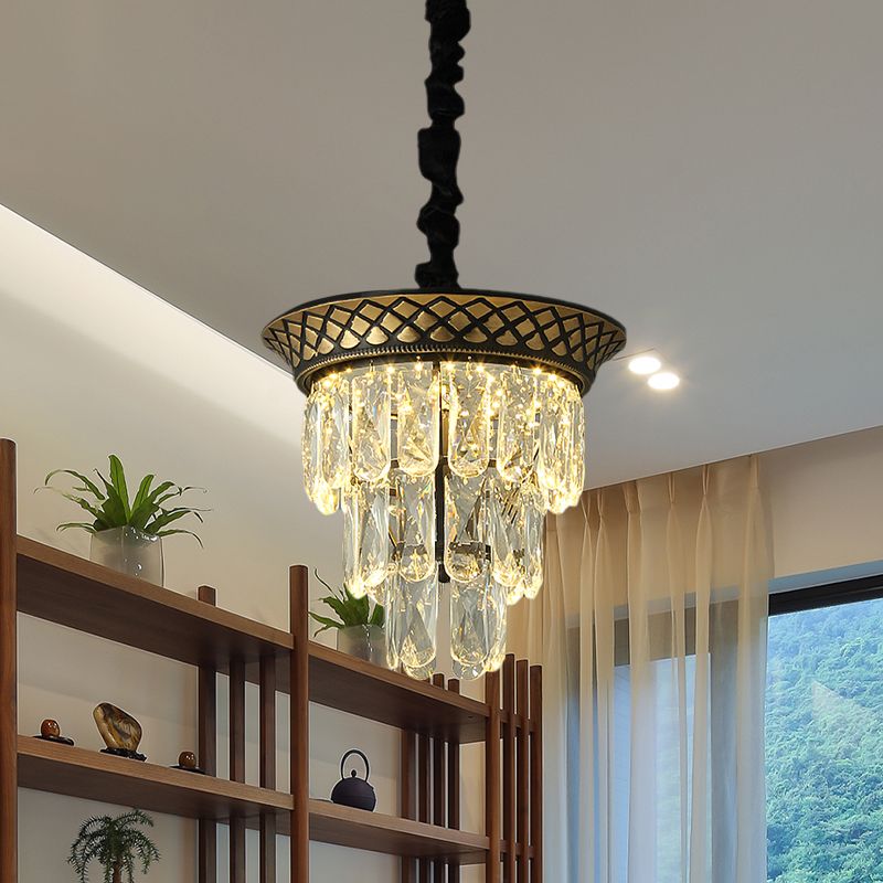 3 Tiers Crystal Rectangle Pendant Light Vintage Style Dining Room LED Hanging Lamp in Black/Gold