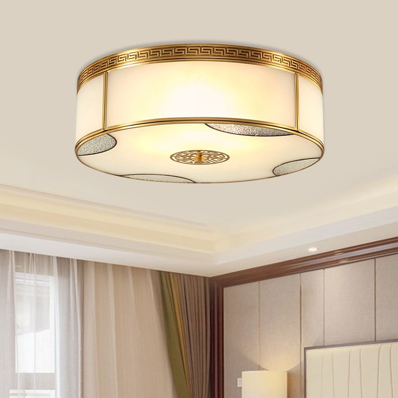 14"/18" Wide 3/4-Light Flush Mount Fixture Traditional Drum Frosted Glass Flush Ceiling Lighting in Brass