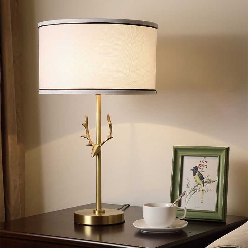 Fabric Drum Table Lamp Simplicity 1 Bulb Bedside Nightstand Light with Antler Decor in White