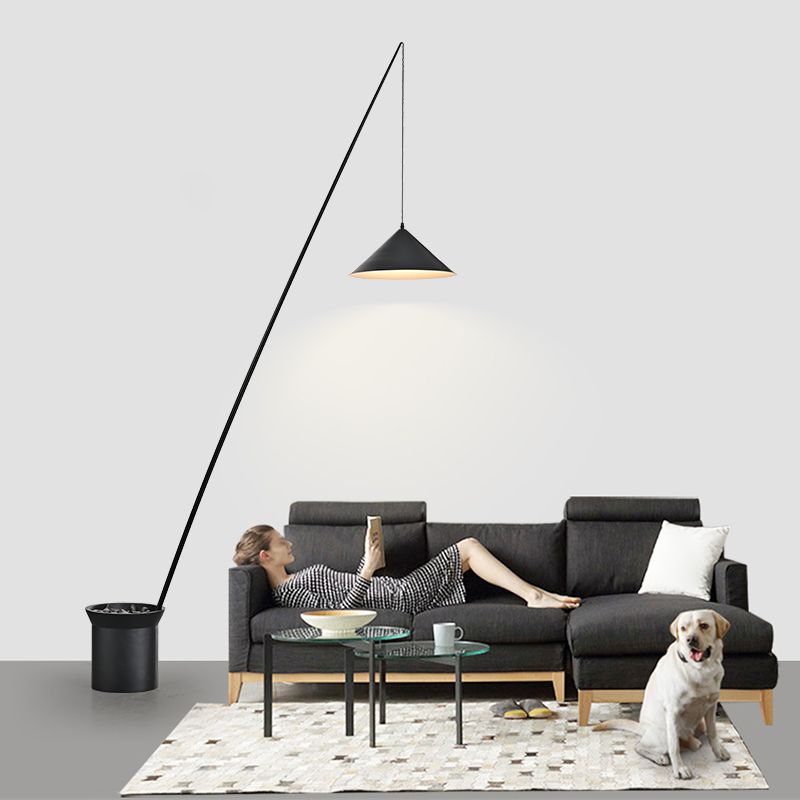 Single Dangling Cone Shade Floor Light Minimalistic Black Metal Stand Up Lamp with Rock Bucket Base