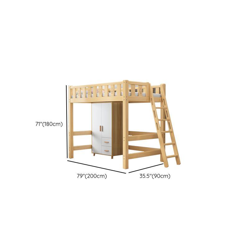 Solid Wood Loft Bed Brown Kids Bed with Built-In Ladder and Guardrail