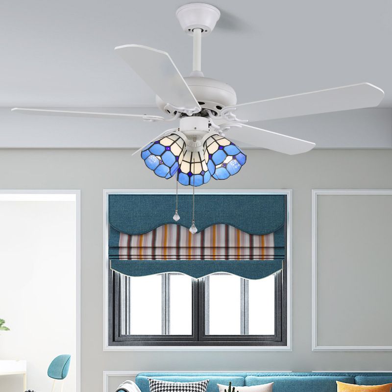 Mediterranean Style Ceiling Fan Lamp Glass Shade Ceiling Fan Light for Bedroom