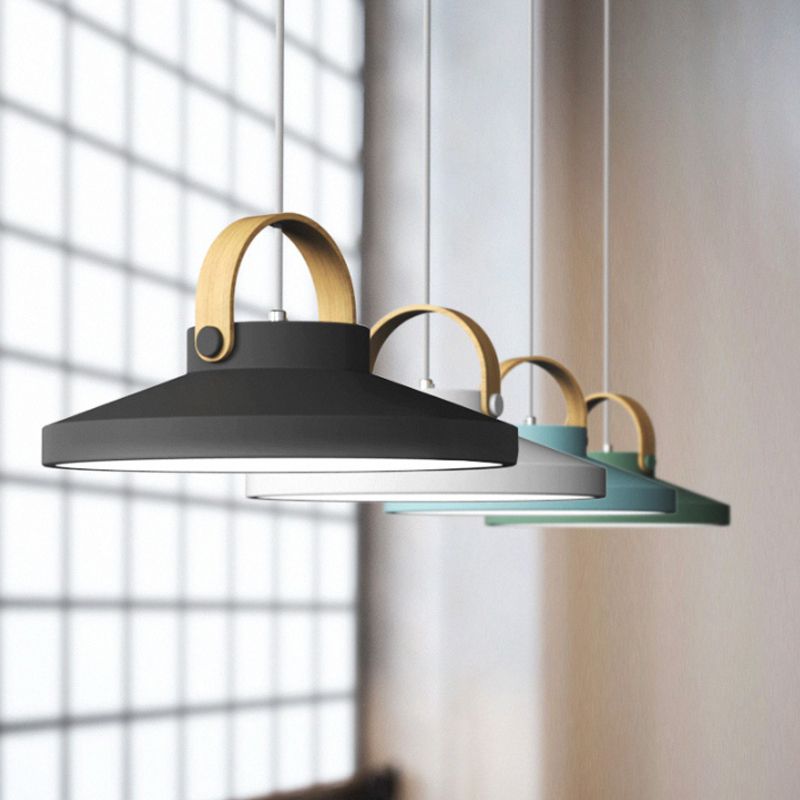 Wood-Handled Pot Lid Suspension Pendant Kitchen Iron Nordic LED Pendulum Light in Green/Black/White