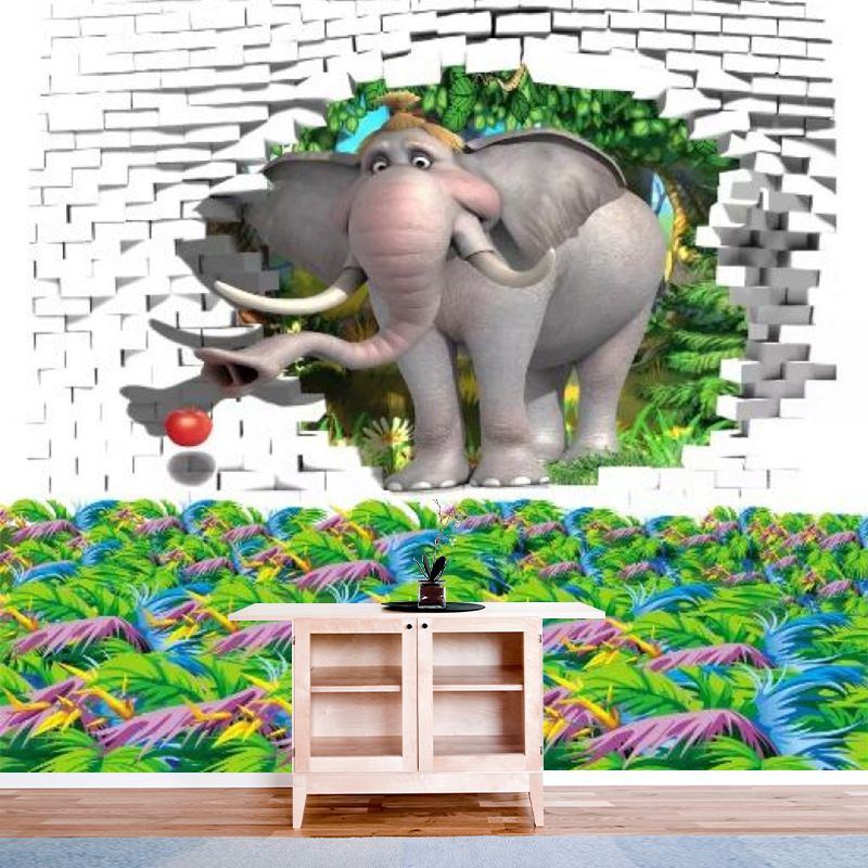 Customized Illustration Cartoon Mural with Elephant in the Brick Hole Pattern in Grey and Green