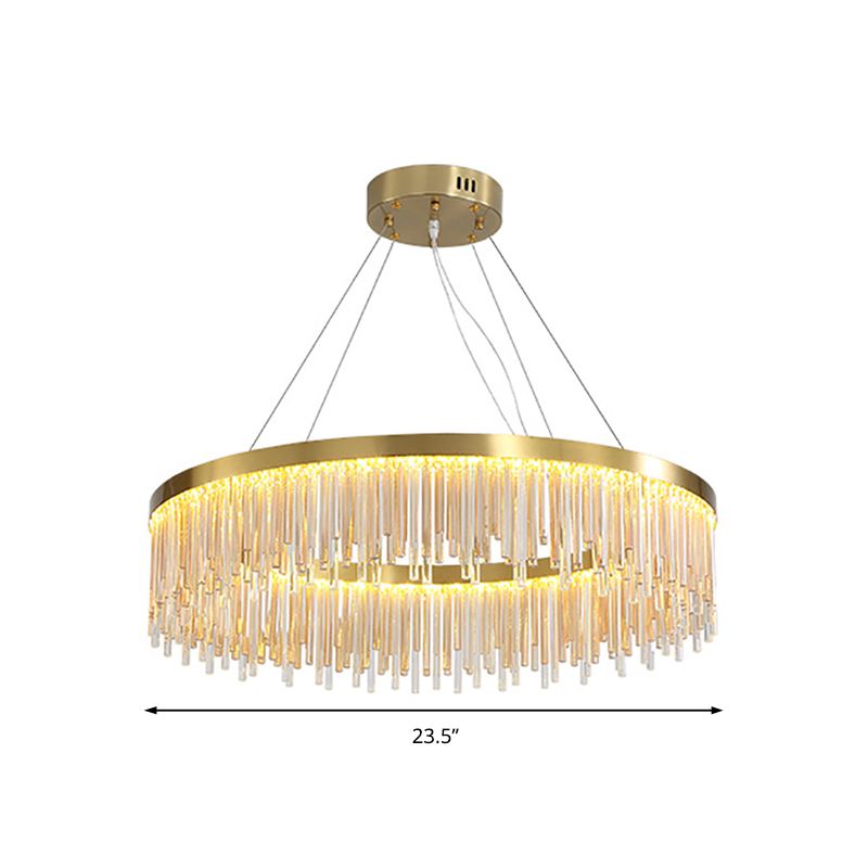 Gold Finish Metal Chandelier Light Fixture Modern Round LED Hanging Lamp with Crystal Prism