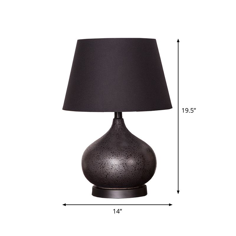 1-Light Night Lamp Farm Style Teardrop Ceramic Table Lighting with Drum Fabric Shade in Black