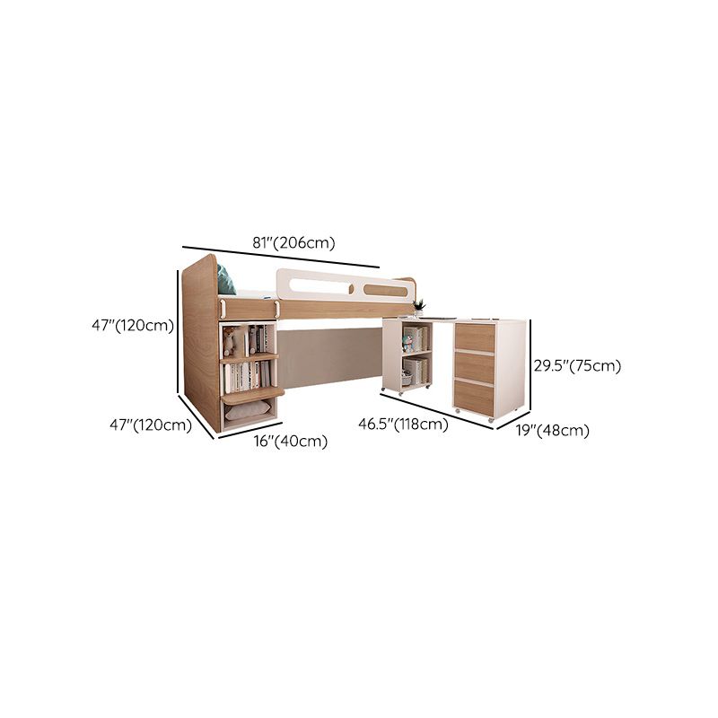 Contemporary Wood Loft Bed with Guardrail Natural Bed with Storage