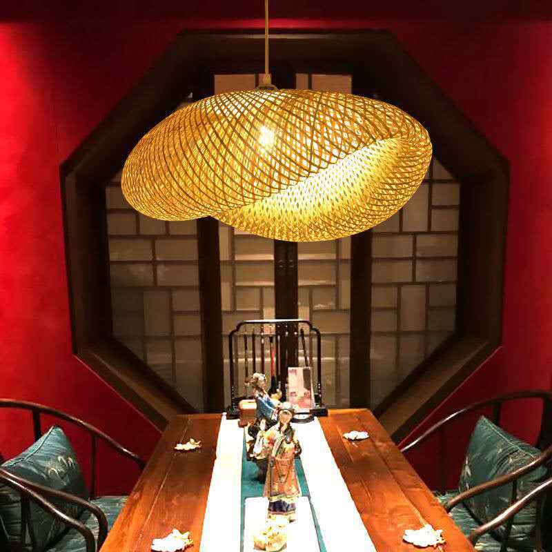 Log Color Geometric Pendant Light in Asian Style Bamboo Weaving Hanging Lamp for Commercial Place