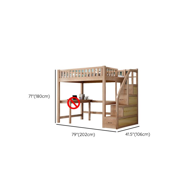 Solid Wood Loft Bed Brown Kids Bed with Built-In Ladder/Stairway