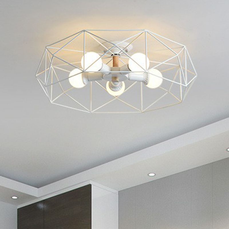 5 Bulbs Pentagram Cage Semi Flush Mounted Lamp Modern Metal Ceiling Light Fixture for Bedroom