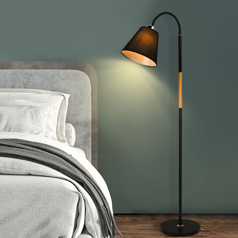 Nordic Single Floor Lamp Black/White and Wood Gooseneck Standing Light with Cone Fabric Shade