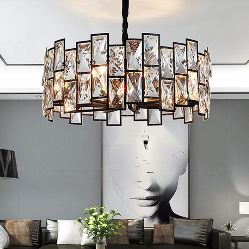 Livre à 6 légers Chandelier Pendant le pendentif noir moderne avec ombre de cristal de tambour