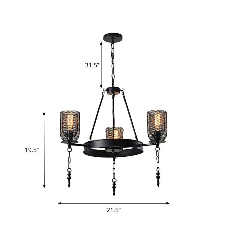 Bell Metallic Chandelier Light Fixture Industrial 3/6 Lights Dining Room Hanging Lamp Kit in Black with Wheel Design