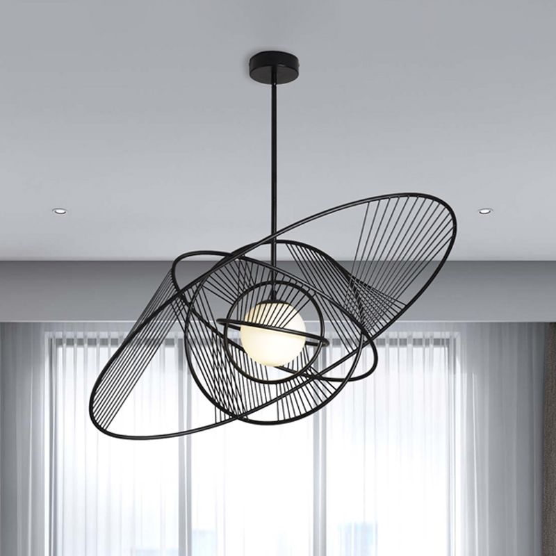 Contemporary Encircled Suspension Light Iron 1-Light Living Room Hanging Lamp Kit in Black