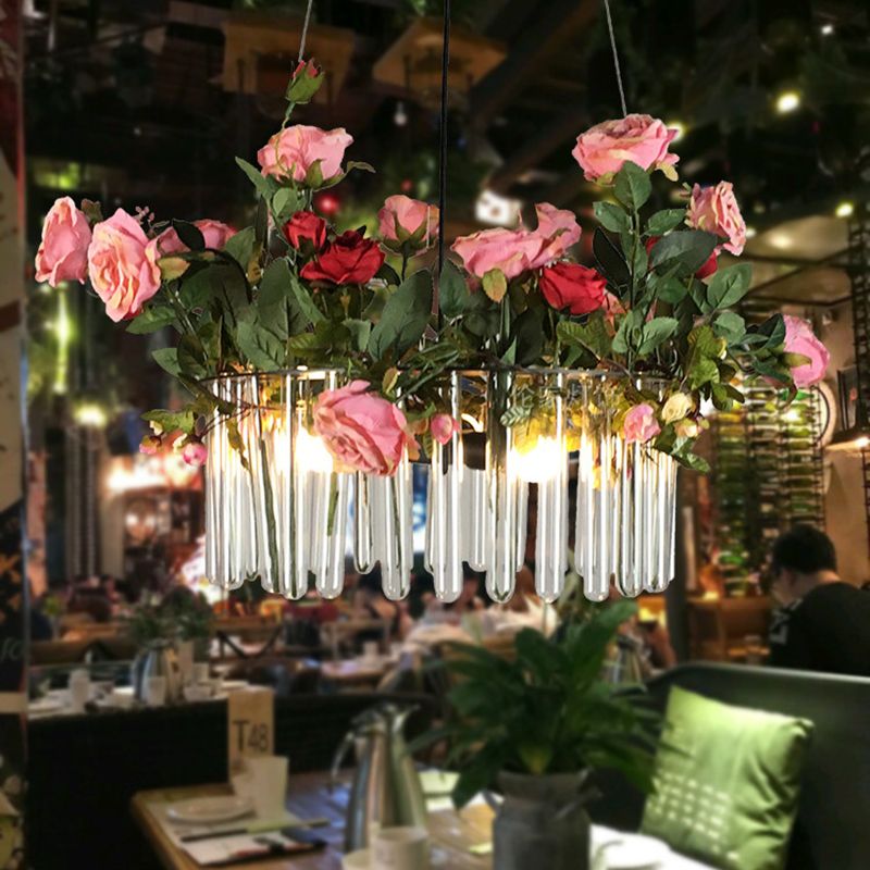 Tube Restaurant Chandelier Industrial Clear Glass 3 Heads Green Hanging Pendant Light with Artificial Rose Deco