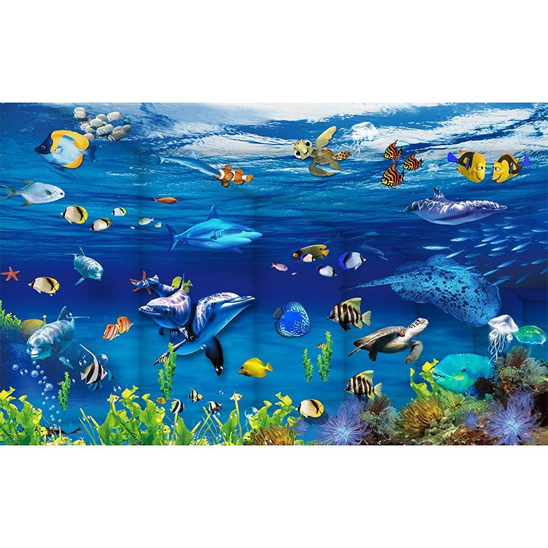 Undersea Animal Wall Mural Decal in Blue, Contemporary Wall Covering for Children's Bedroom