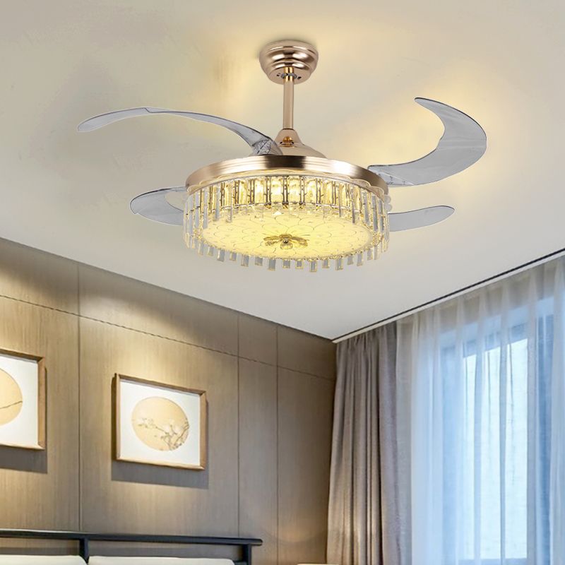 Gold Round Ceiling Fan Light Modern LED Crystal Semi Mount Lighting with Remote Control/Wall Control