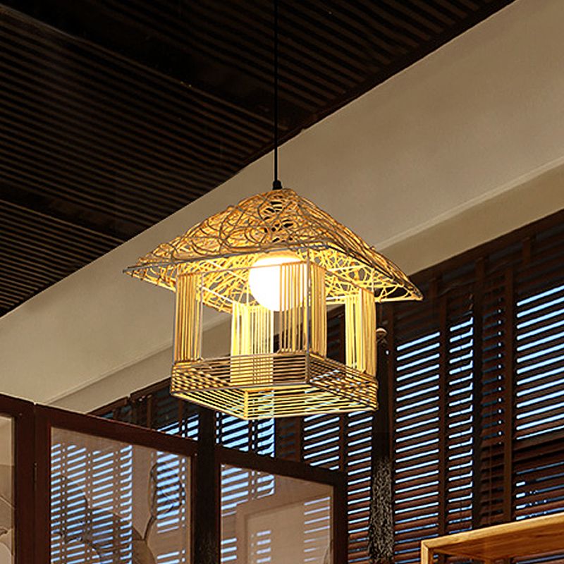 Tower Bamboo Pendant Lamp Chinese 1 Bulb White Hanging Ceiling Light for Teahouse