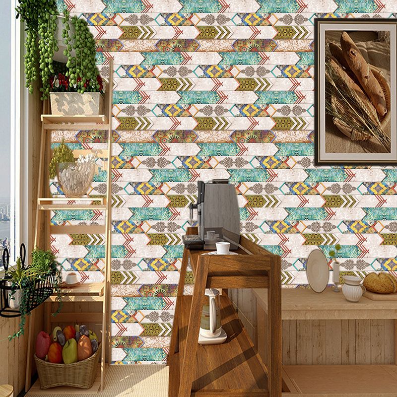 Bohemia Chevron Tiles Wallpaper Panel PVC Adhesive Brown-Green-Yellow Wall Decor for Bathroom