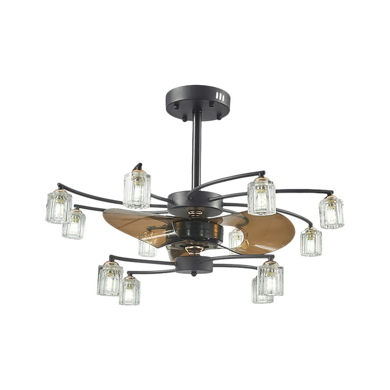 12 Bulbs Pendant Fan Light Traditional Swirled Arms Crystal Cylinder Shade 3 Blades Semi-Flush Mount, 31.5" Wide