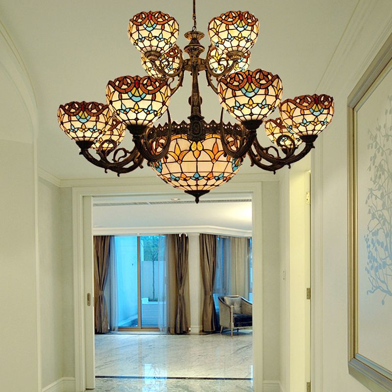 Baroque Style Extra Large Chandeliers 26/13-Light Art Glass Pendant Ceiling Lamp in Brown for Living Room