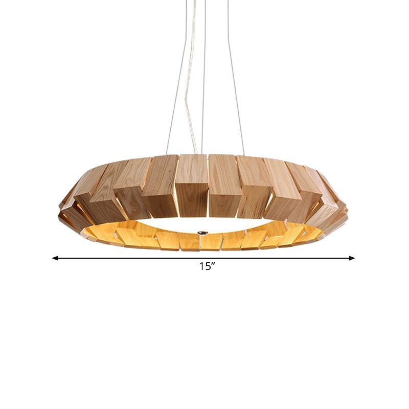 Pendante à LED ronde à bord courbe Asie Style Natural Wood Lounge suspendu avec diffuseur en verre de lait