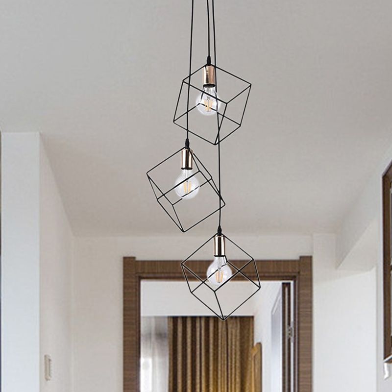 Square Suspension Light 3 Lights Metal Industrial Pendant Lighting in Black for Foyer