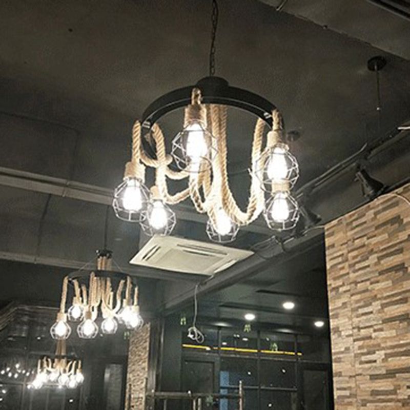 Rope Circular Pendant Light Fixtures Industrial Bar Hanging Chandelier Light