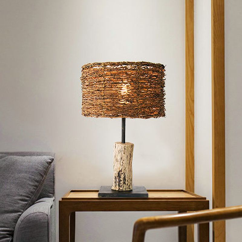 Cylinder Small Desk Lamp Asian Bamboo 1 Head Brown Task Lighting for Living Room