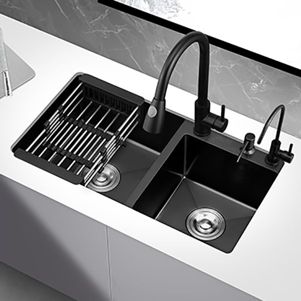 Double Bowl Stainless Steel Sink in black with Strainer Drop-In Kitchen Sink