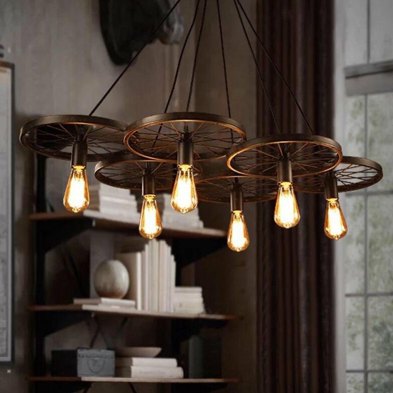 Wagon Wheel Shaped Bar Pendant Lamp Industrial Metal Multi Hanging Light Fixture