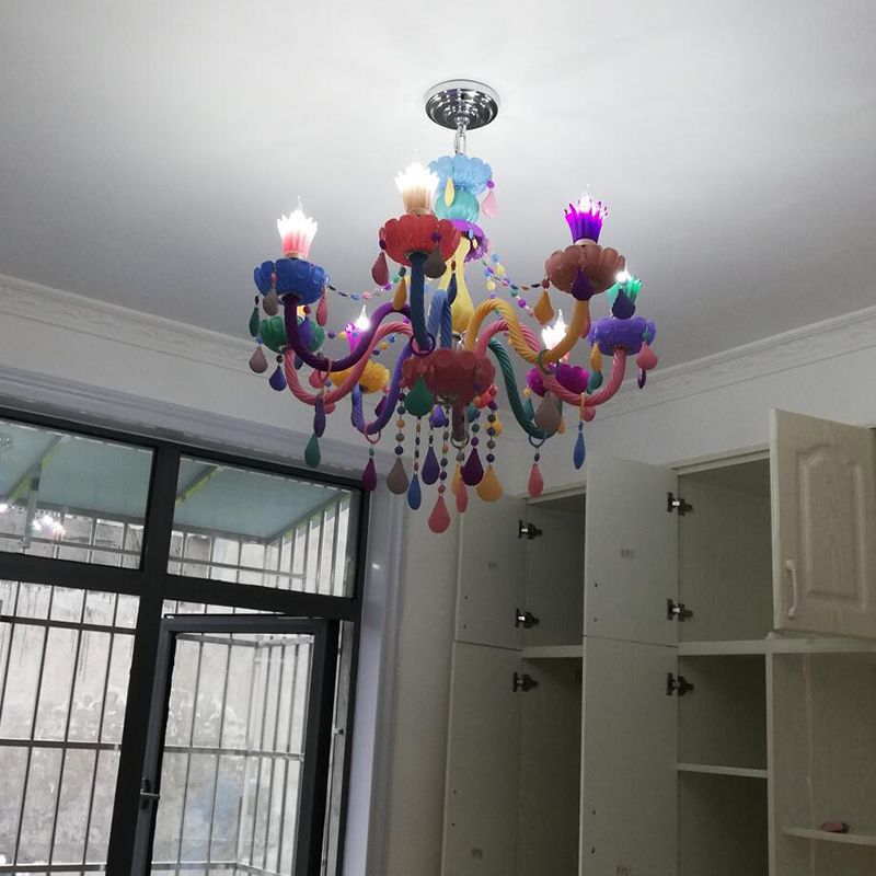 Bougie Baby Room Chandelier Metal Macaron Suspension Lumière avec des rideaux en cristal