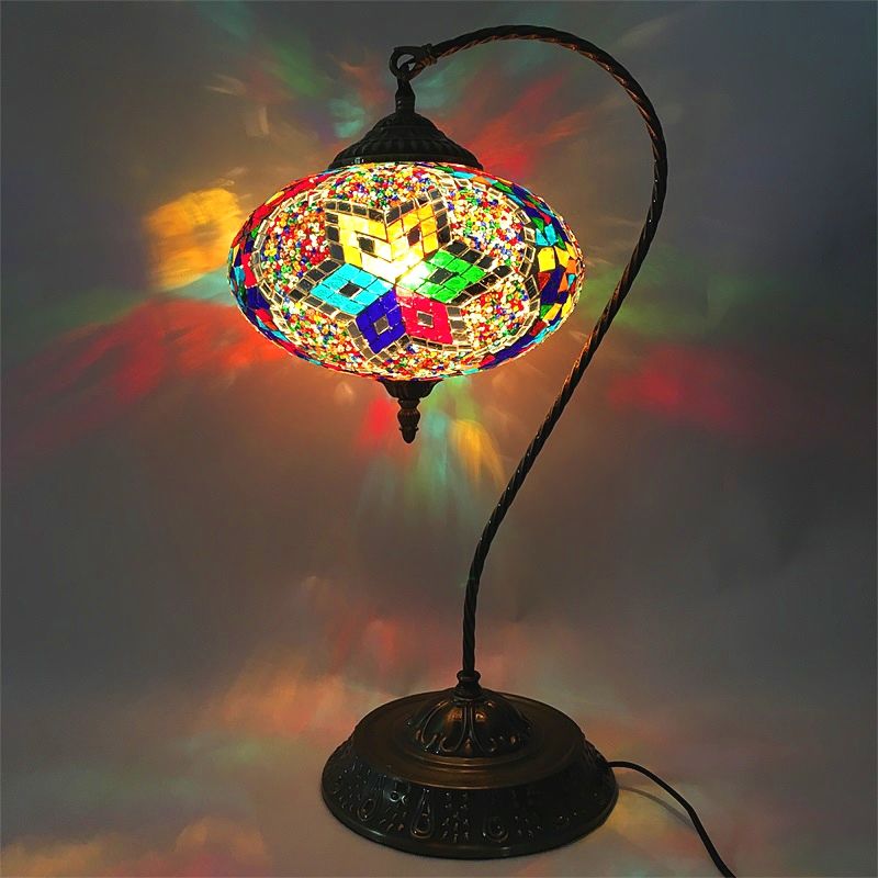 Decorative Oblong Night Light Single Head Stained Art Glass Table Lamp with Curved Arm in Yellow/Blue/Green