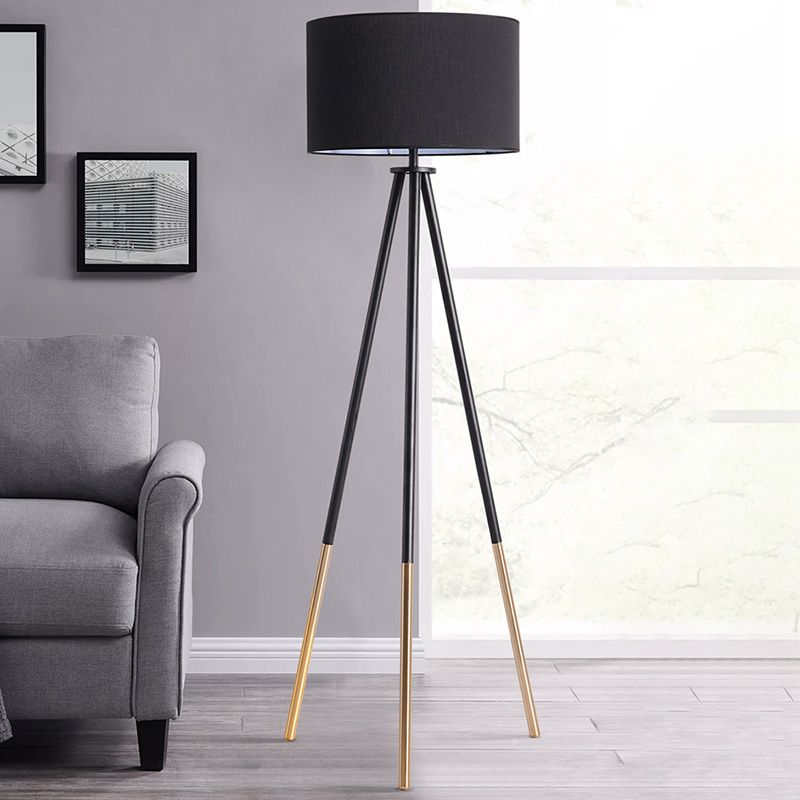 Metal Tripod Shaped Floor Light Simplicity 1-Bulb Living Room Standing Lamp with Drum Fabric Shade