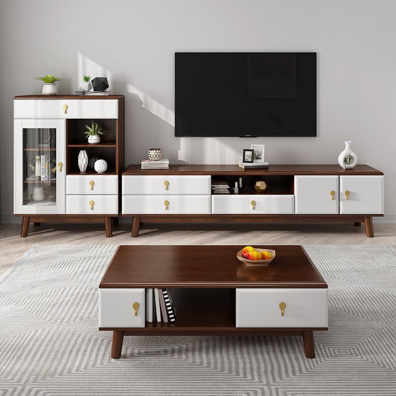 Contemporary Wood TV Stand Console Open Storage TV Media Stand with Doors for Living Room