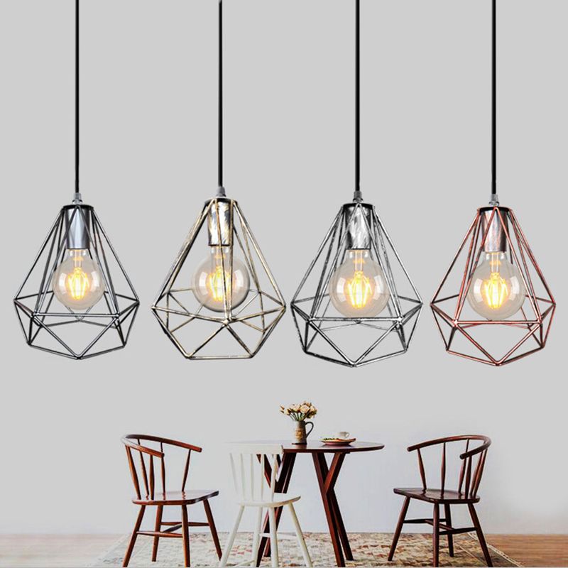 1-Light Pendant Ceiling Light Country Diamond Wire Cage Wrought Iron Pendant Lamp in Black/Copper/Gold for Living Room