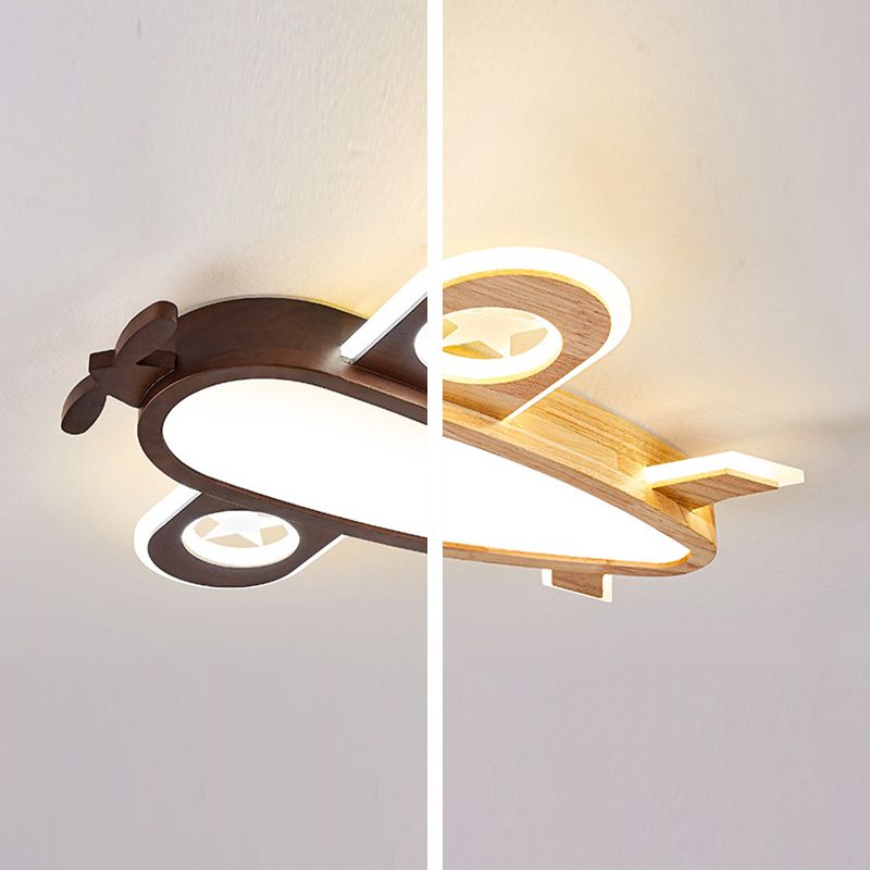 Airplane Flush Mount Light Wood Cartoon LED Ceiling Light for Children's Room