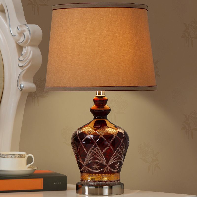 Brown Jug Night Lamp Farmhouse Ceramic Single Dining Room Table Light with Drum Lamp Shade