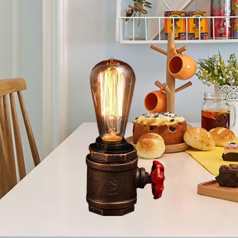 1 Head Metal Night Table Light Industrial Rust Finish Bare Bulb Bedroom Task Lamp with Valve Deco