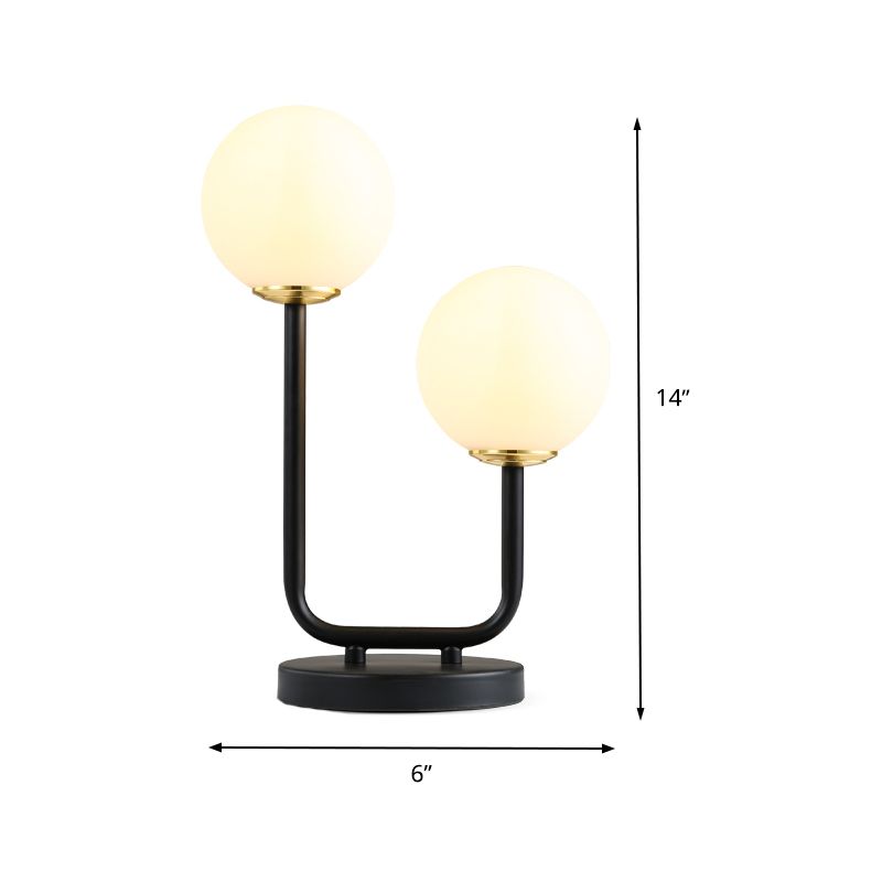 2 Heads Bedroom Table Light Modern Black Small Desk Lamp with Globe Opal Glass Shade